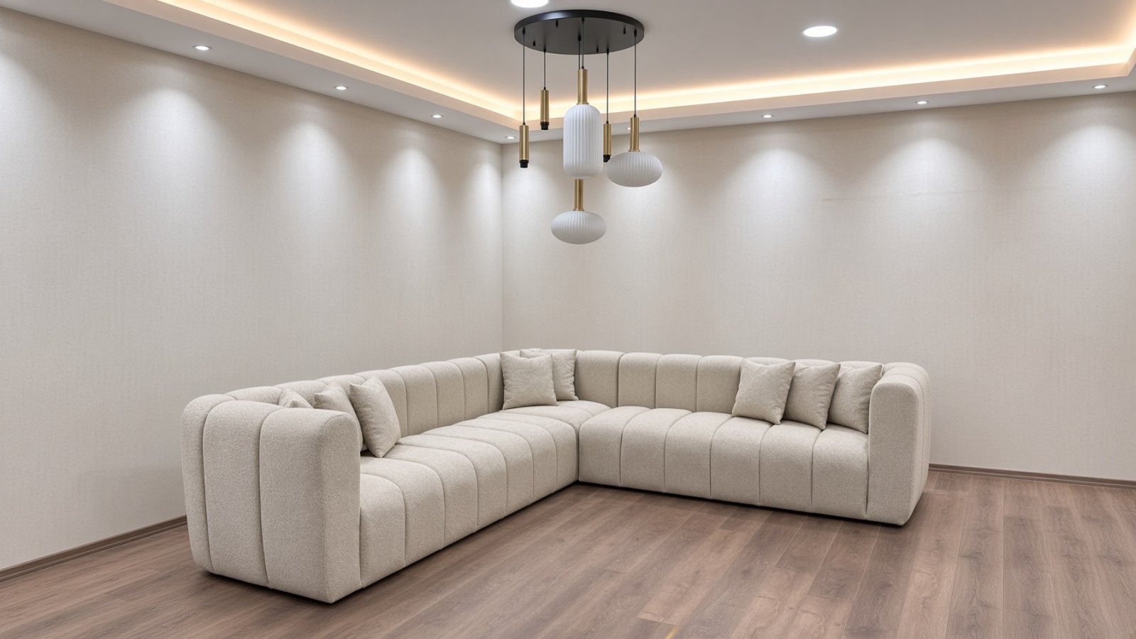 Këndi Modern Bezhë me Jastëkë të Segmentuar – Sallone | Mobileri Zhani