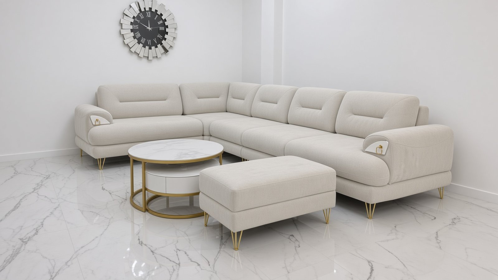 Këndi Modern Bezhë me Këmbë Ari dhe Detaje Elegante – Sallone | Mobileri Zhani