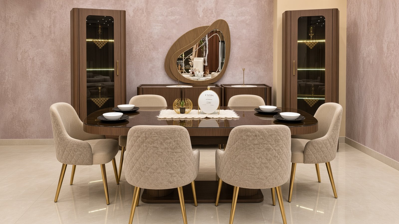 Tavolina e Ngrënies Oval me Dru të Errët dhe Karrige Quilted – Tavolina | Mobileri Zhani