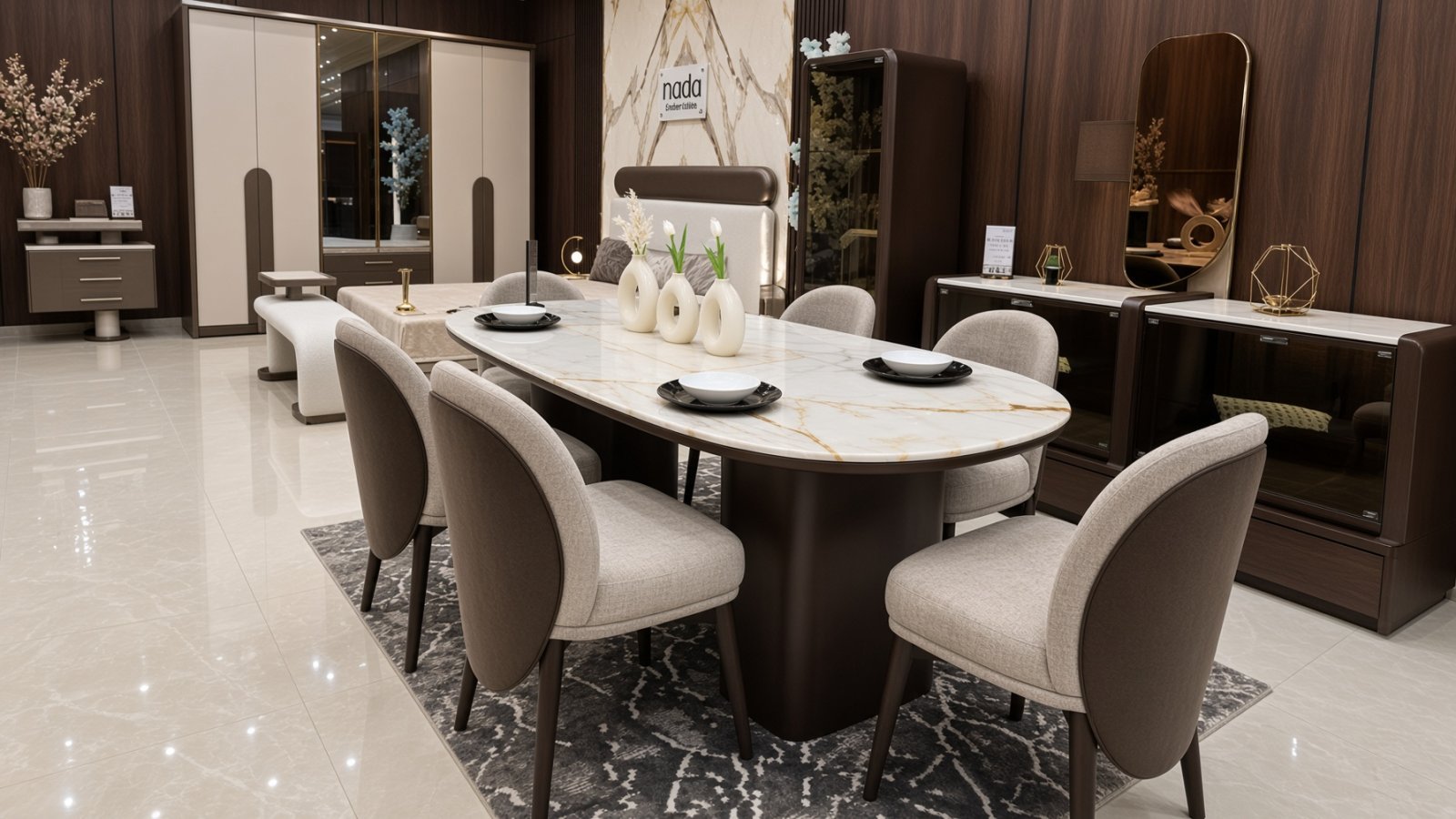Tavolina e Ngrënies Oval me Mermer dhe Karrige Moderne – Tavolina | Mobileri Zhani